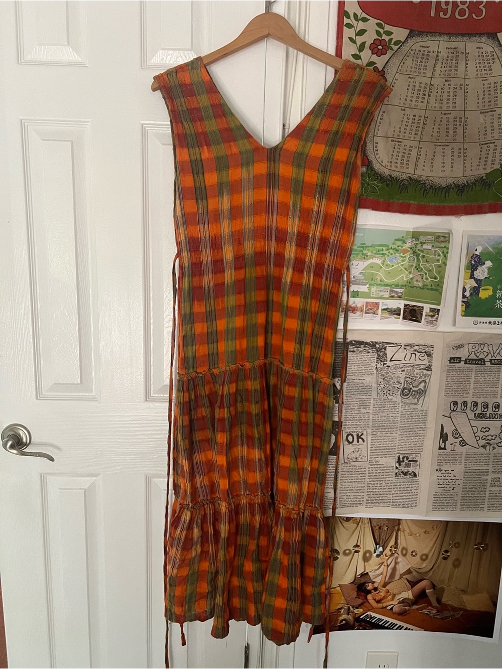 Plaid Tiered V-Neck Sleeveless Dress in Orange and Green